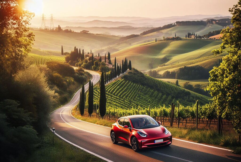 Auto elettrica su un paesaggio italiano - Bing Image Creator
